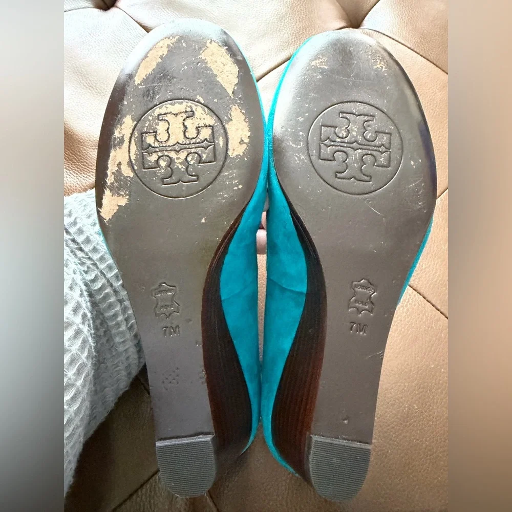 Tory Burch Turquoise Suede Ballet Wedge 7 EUC